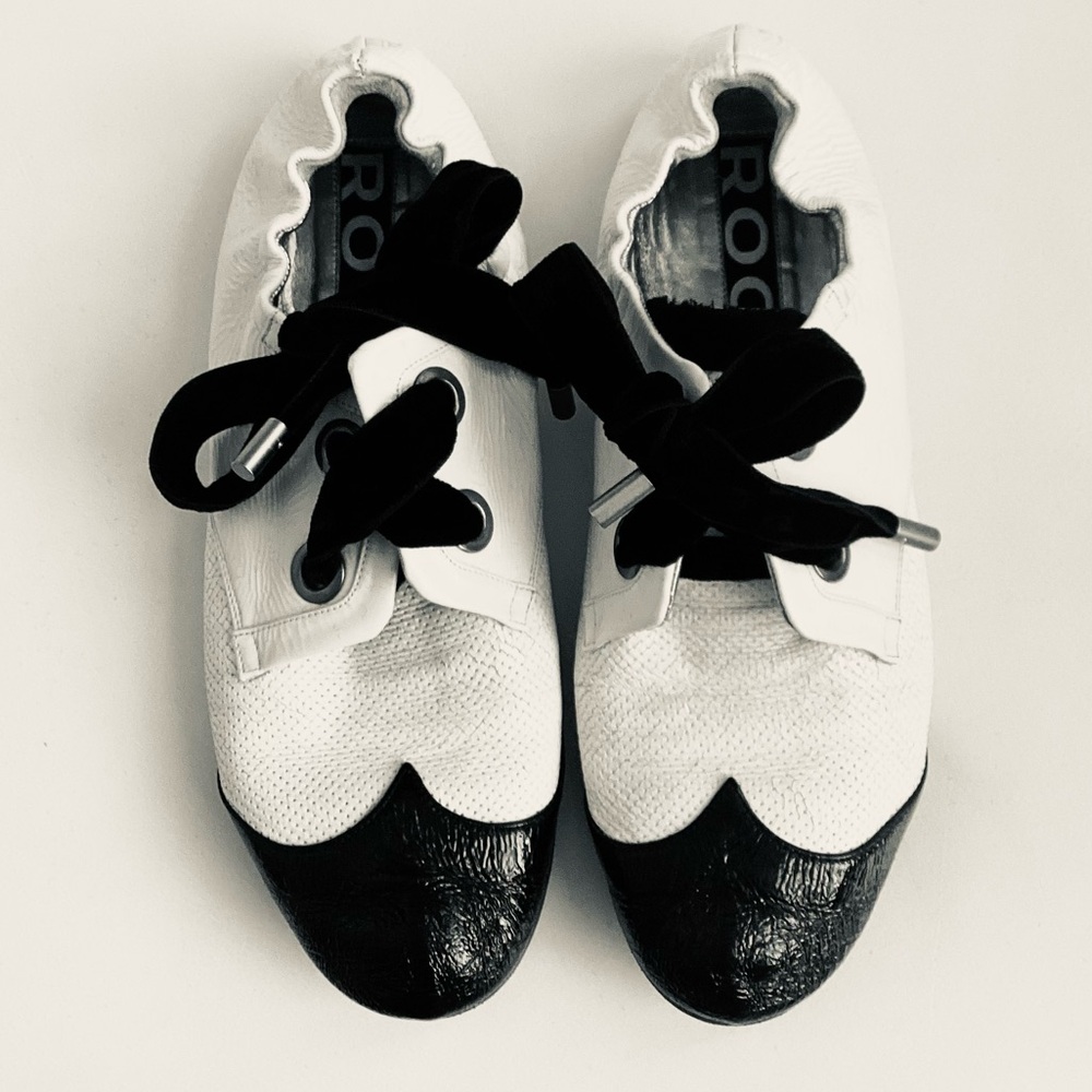 ROCHAS Color Block Black & White Leather Lace-Up Ballerina  Flats SZ 6/36